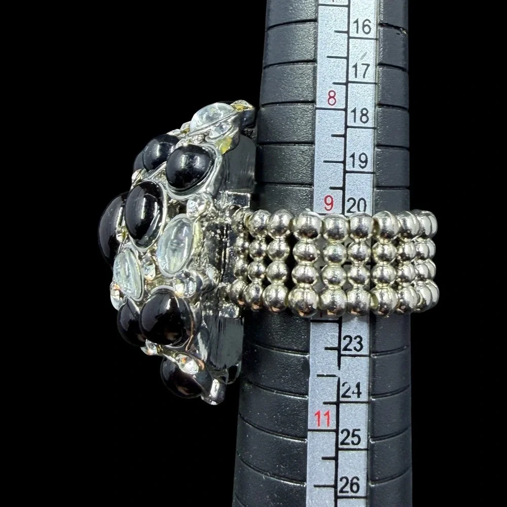 Chunky Black Rhinestone Stretch Ring Silver Tone Cocktail Statement Glam Size 10